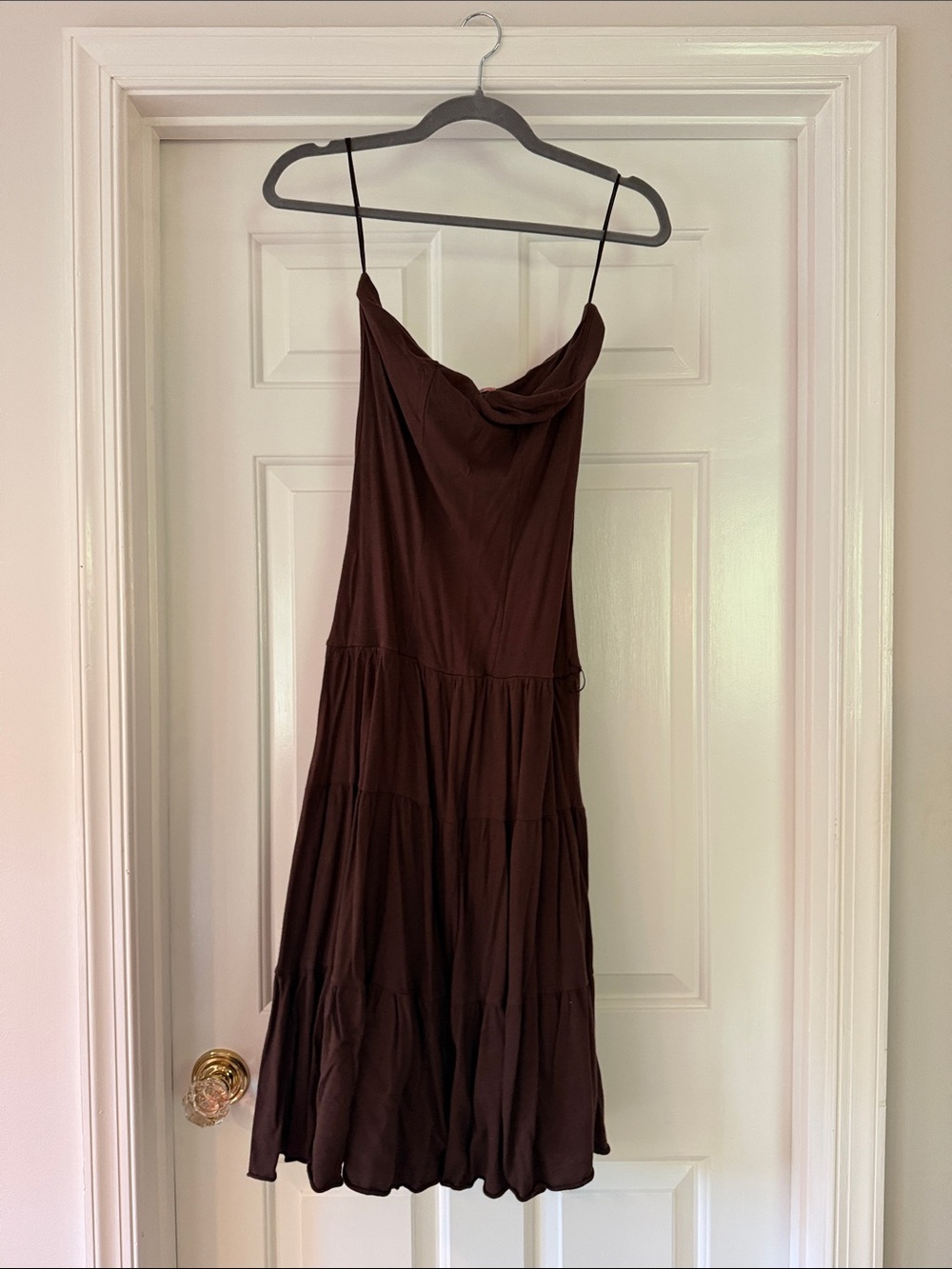 Brown Strapless Jersey Material Tiered Dress